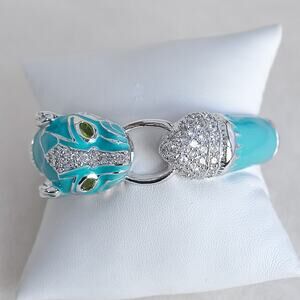 Vintage NOIR Blue Enamel Panther Head Clamper Bracelet Gold Tone Rhinestone 7¼"